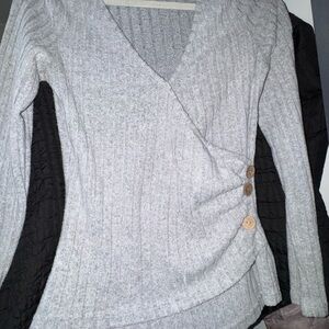 Gray Wrap Sweater with Button Detail